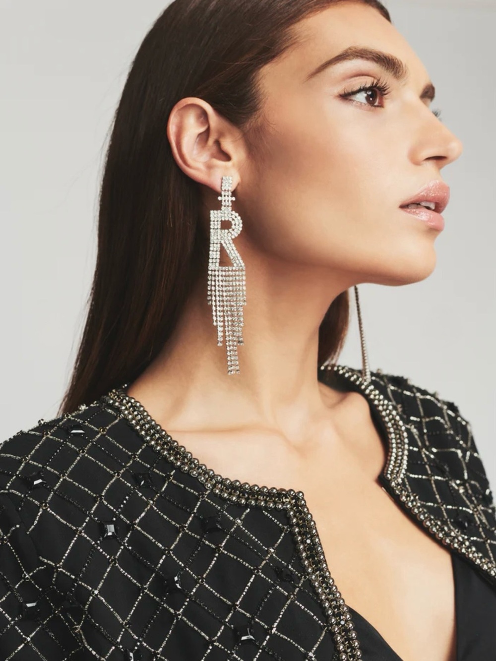 RETROFETE Silver Rhinestone Alphabet Single Earring Letter K